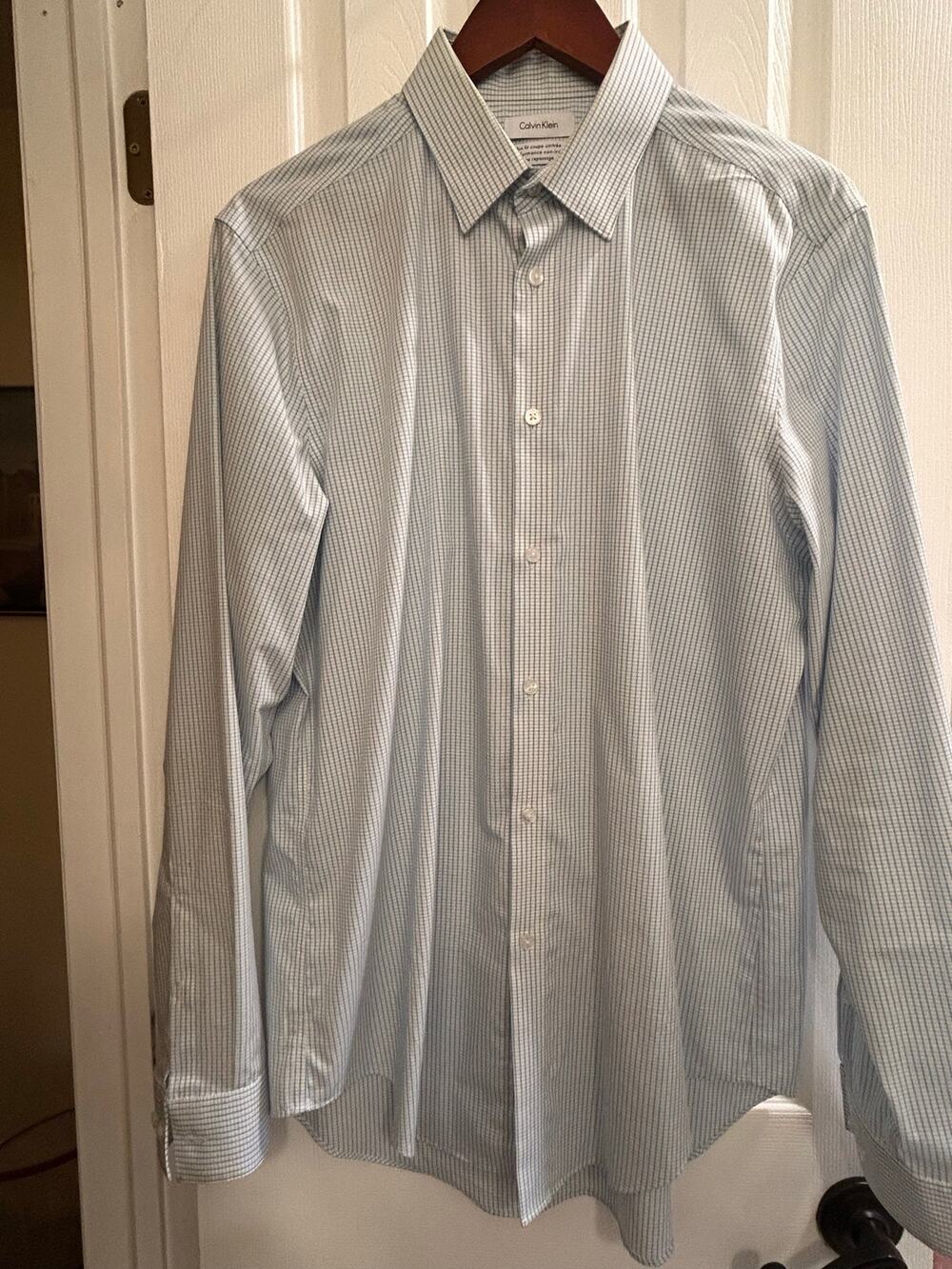 Calvin Klein Slim Fit Dress Shirt 16 34/35 Blue Grid Check Performance Non-Iron